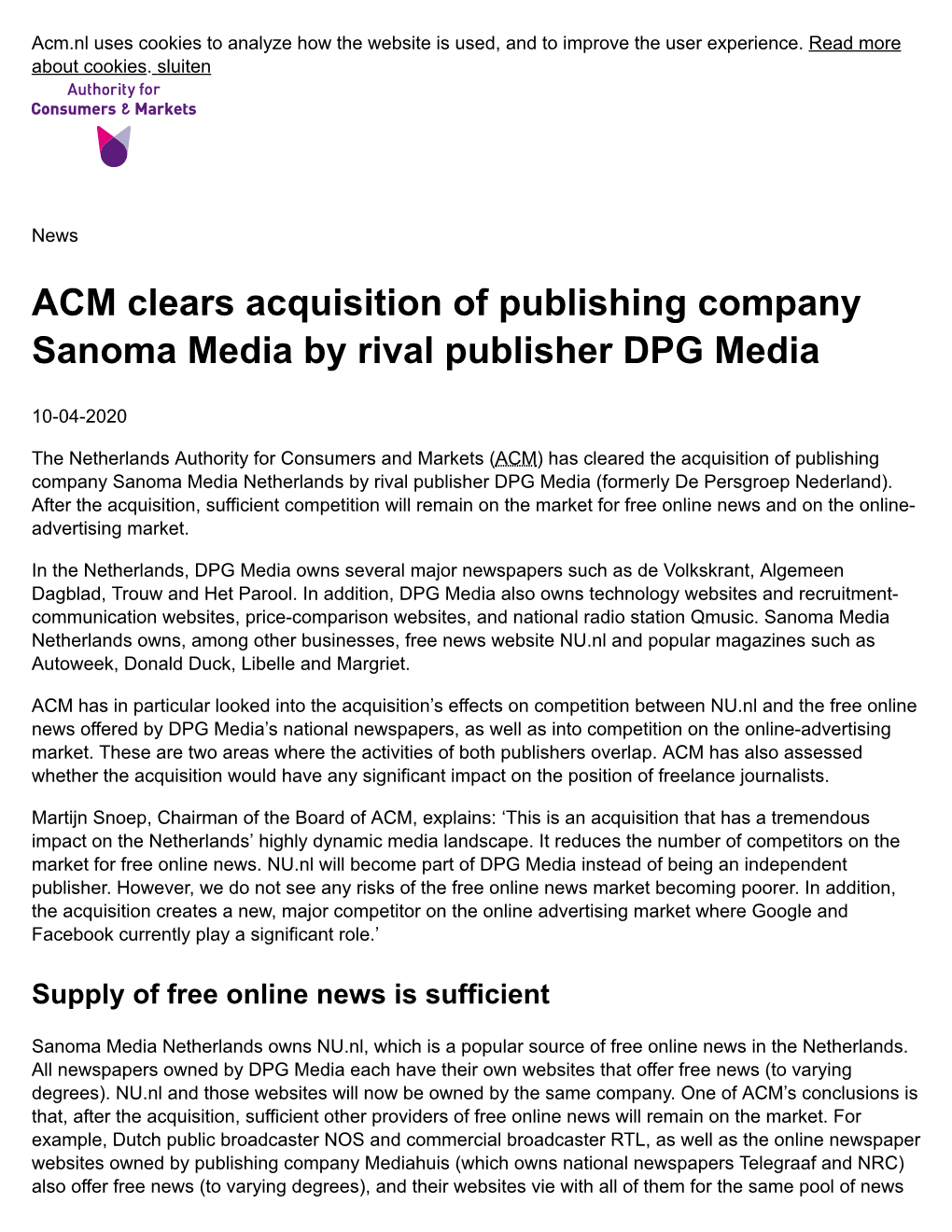 ACM Clears Acquisition of Publishing Company Sanoma Media by Rival Publisher DPG Media