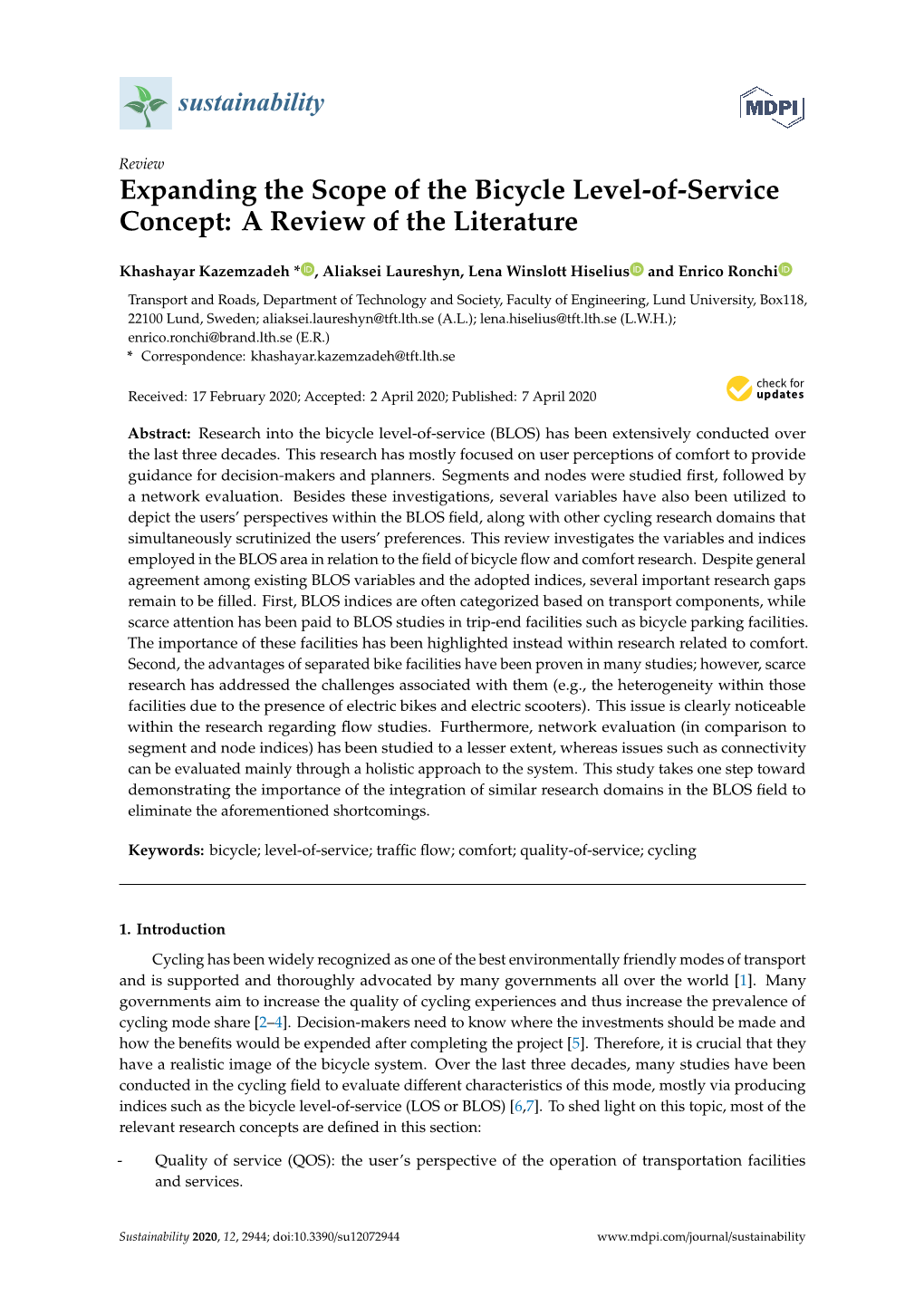 Expanding the Scope of the Bicycle Level-Of-Service Concept: a Review of the Literature