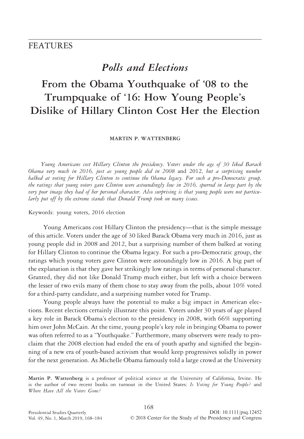 Polls and Elections from the Obama Youthquake of ‘08 to the Trumpquake of ‘16: How Young People’S Dislike of Hillary Clinton Cost Her the Election