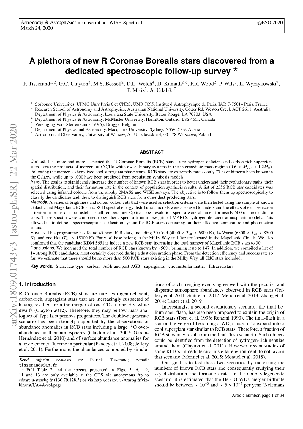 Arxiv:1809.01743V3 [Astro-Ph.SR] 22 Mar 2020 18 Abundance Anomalies in RCB Stars Including a Large O Over- Cool Supergiant Star Similar to RCB Stars