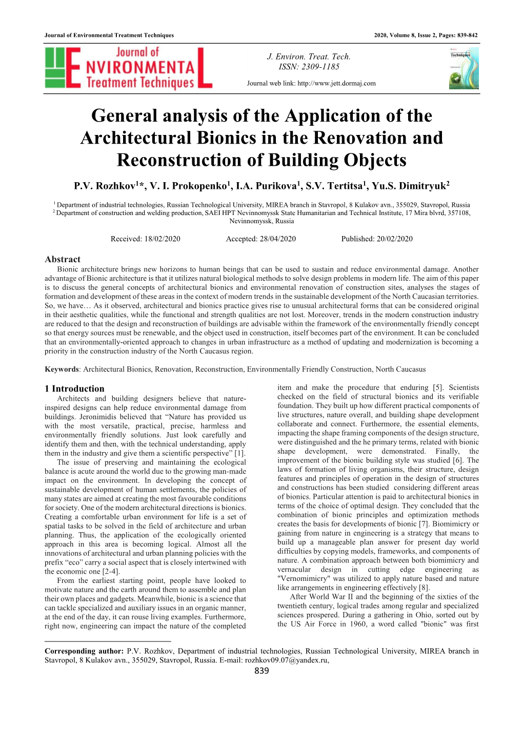 General Analysis of the Application of the Architectural Bionics in the Renovation and Reconstruction of Building Objects