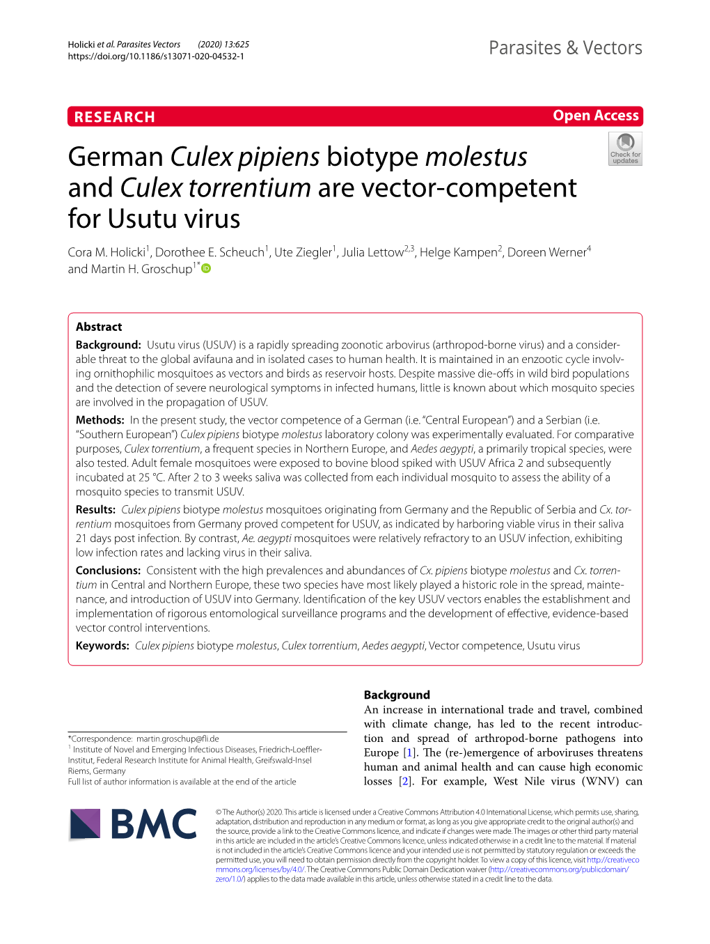 Culex Pipiens Biotype Molestus and Culex Torrentium Are Vector‑Competent for Usutu Virus Cora M