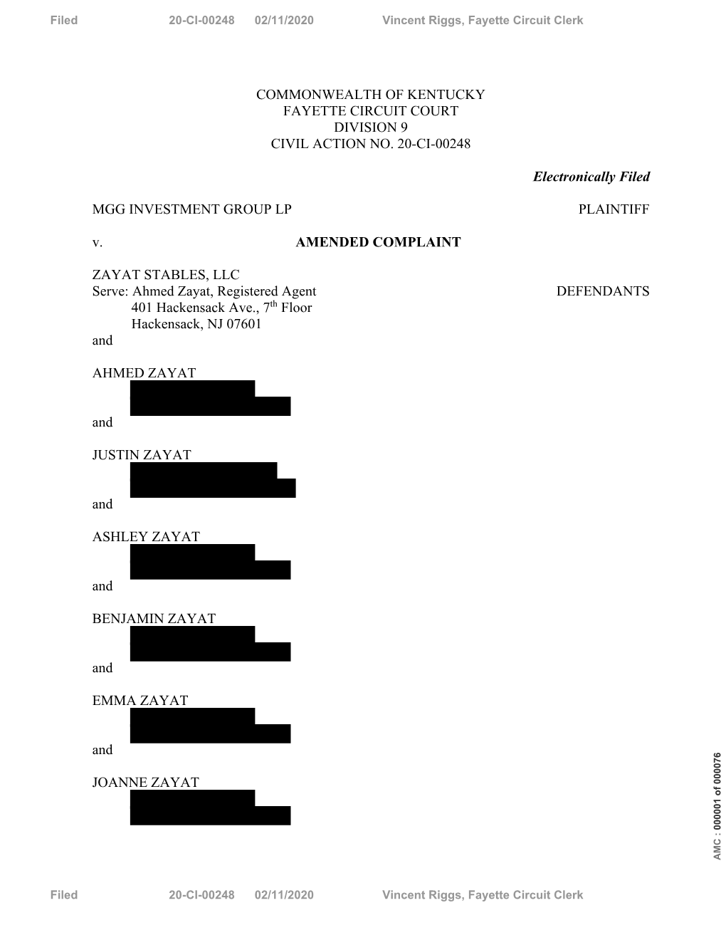 Ci, 20-Ci-00248, Mgg Investment Group Lp Vs. Zayat Stables, Llc, Et Al