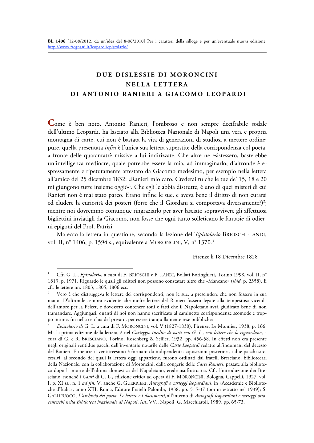 Lettera Di Antonio Ranieri a Leopardi