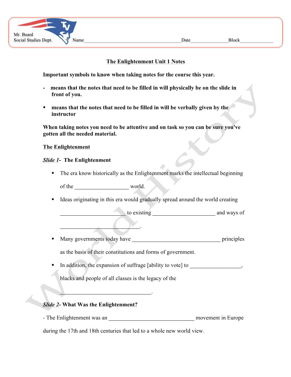 The Enlightenment Unit 1 Notes Important Symbols To