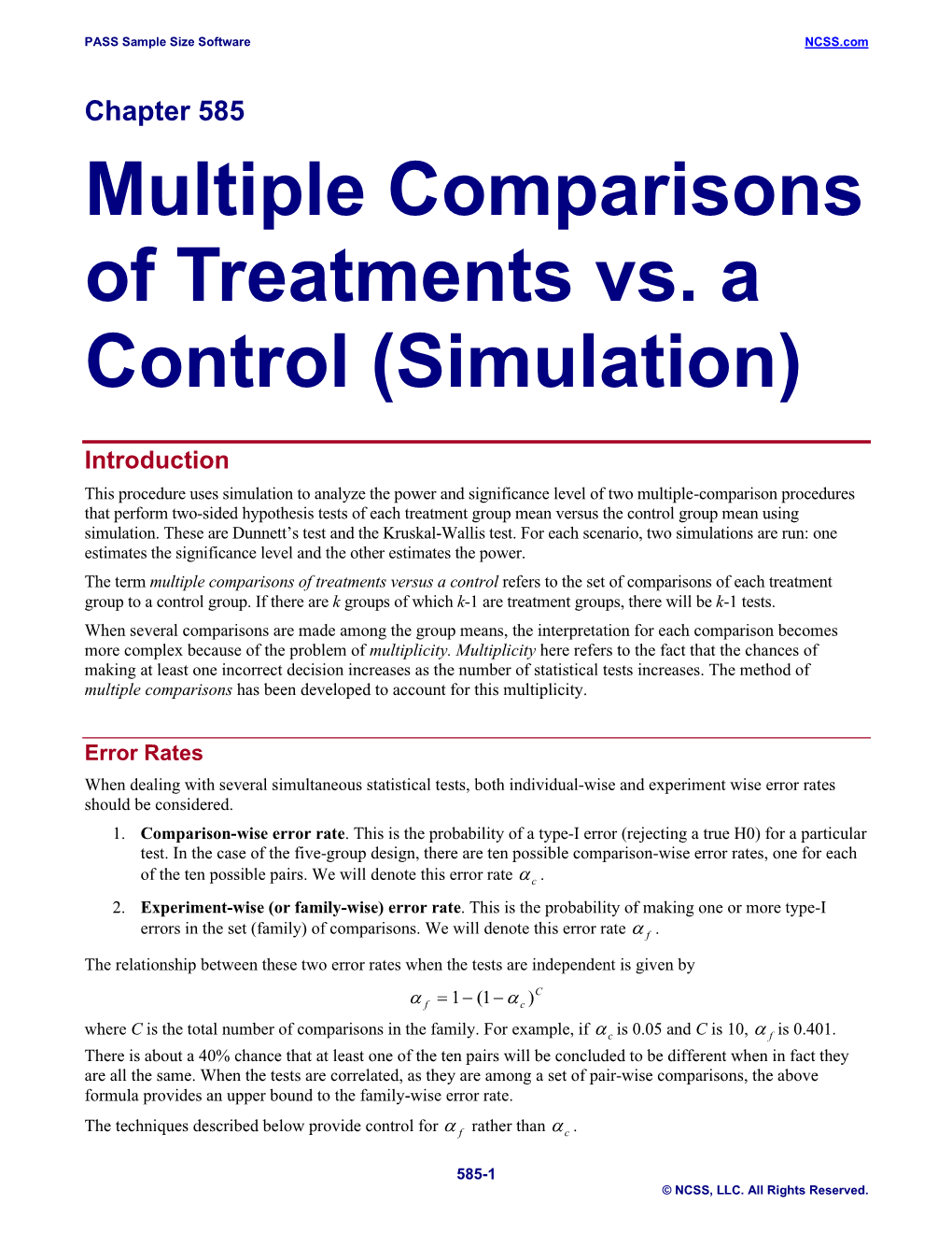 Multiple Comparisons of Treatments Vs. a Control (Simulation)
