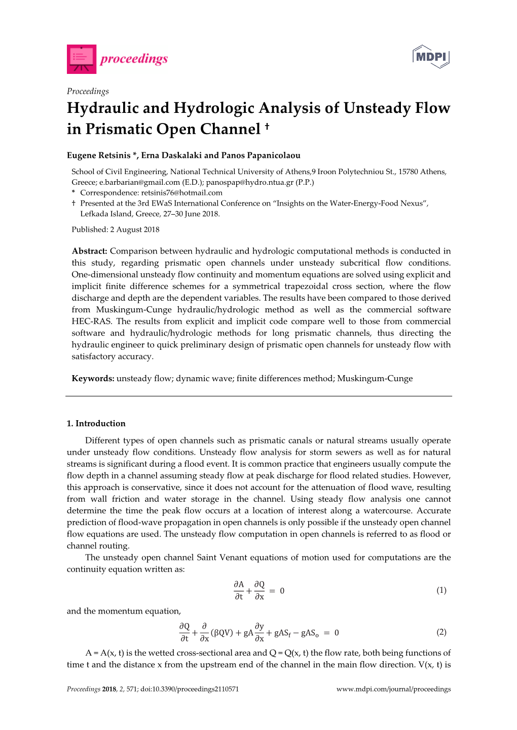 Hydraulic and Hydrologic Analysis of Unsteady Flow in Prismatic Open Channel †