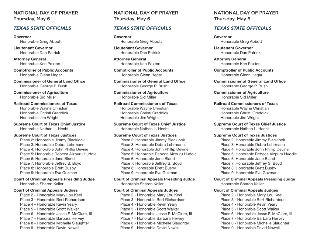 NATIONAL DAY of PRAYER Thursday, May 6 TEXAS STATE OFFICIALS NATIONAL DAY of PRAYER Thursday, May 6 TEXAS STATE OFFICIALS NATION