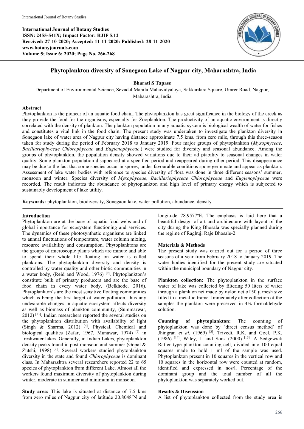 Phytoplankton Diversity of Sonegaon Lake of Nagpur City, Maharashtra, India