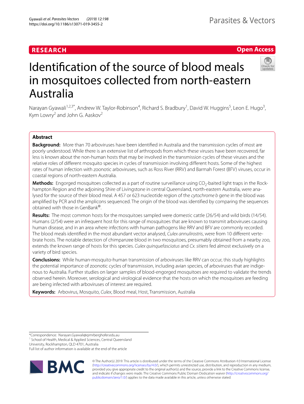 Identification of the Source of Blood Meals in Mosquitoes Collected From