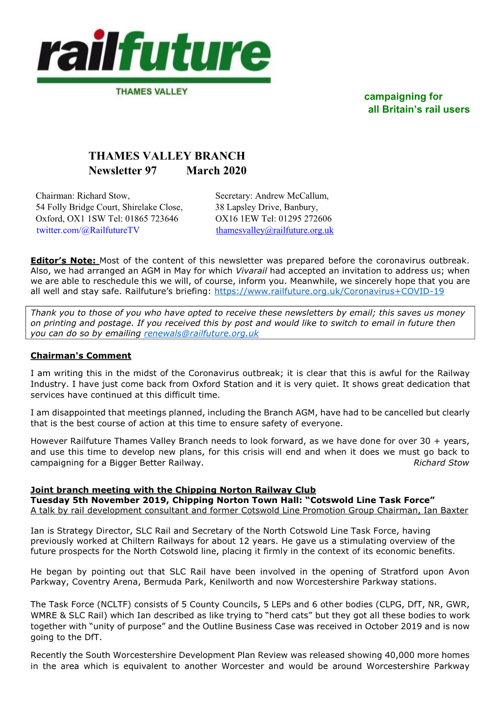 THAMES VALLEY BRANCH Newsletter 97 March 2020