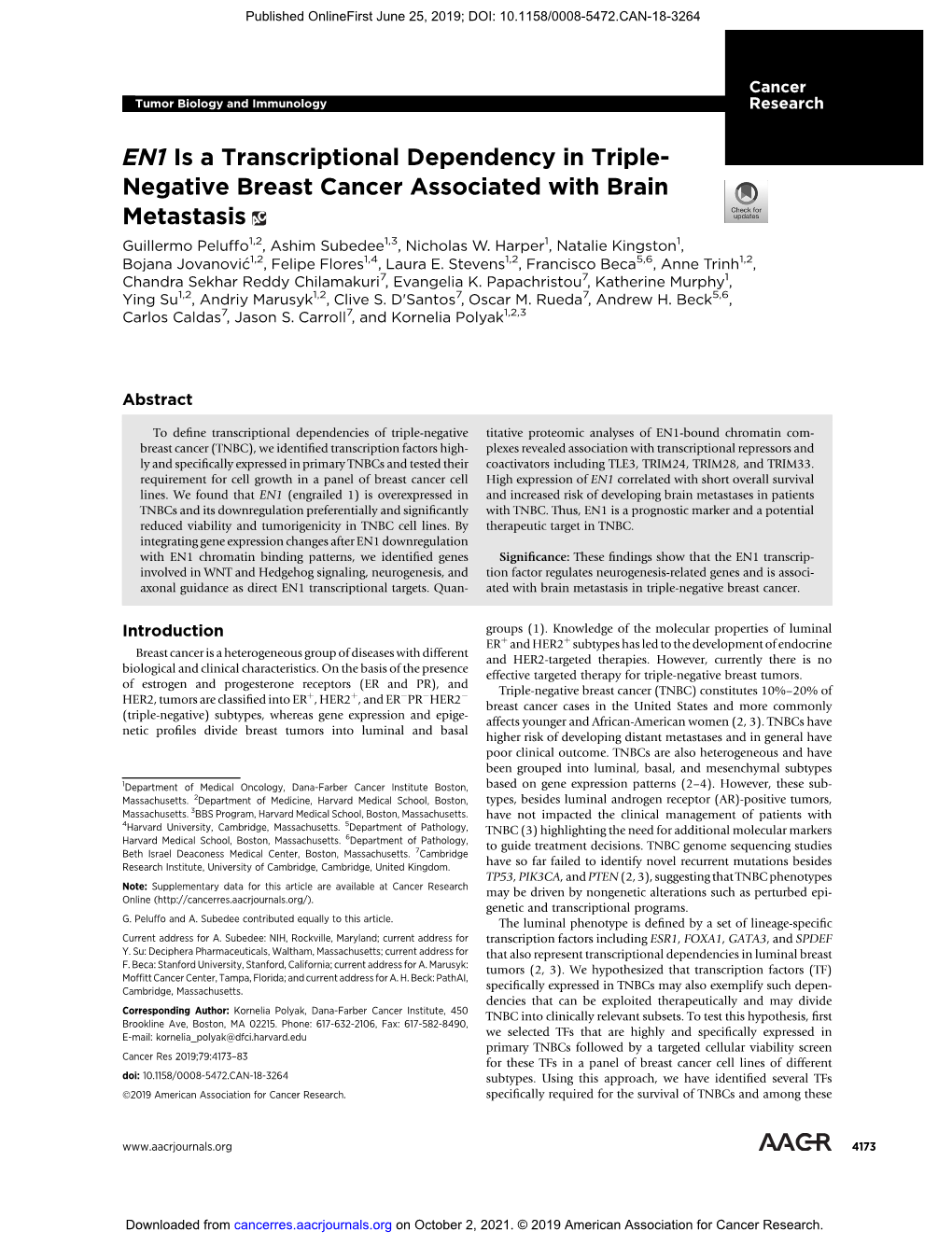 EN1 Is a Transcriptional Dependency in Triple- Negative Breast Cancer Associated with Brain Metastasis Guillermo Peluffo1,2, Ashim Subedee1,3, Nicholas W