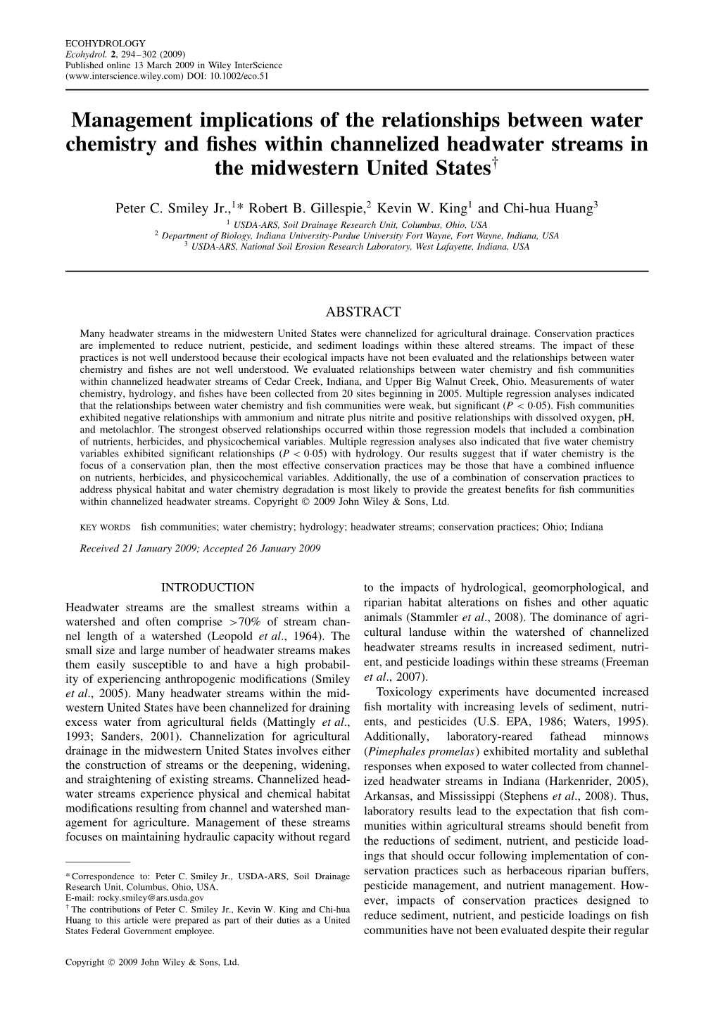 Management Implications of the Relationships Between Water Chemistry and ﬁshes Within Channelized Headwater Streams in the Midwestern United States†