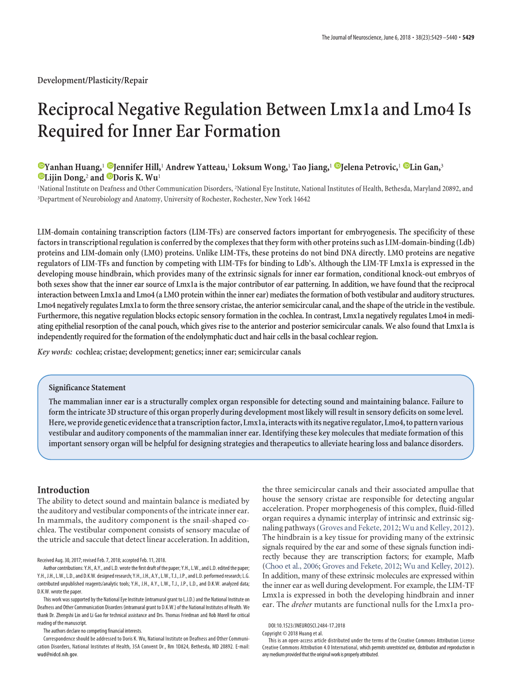 Reciprocal Negative Regulation Between Lmx1a and Lmo4 Is Required for Inner Ear Formation