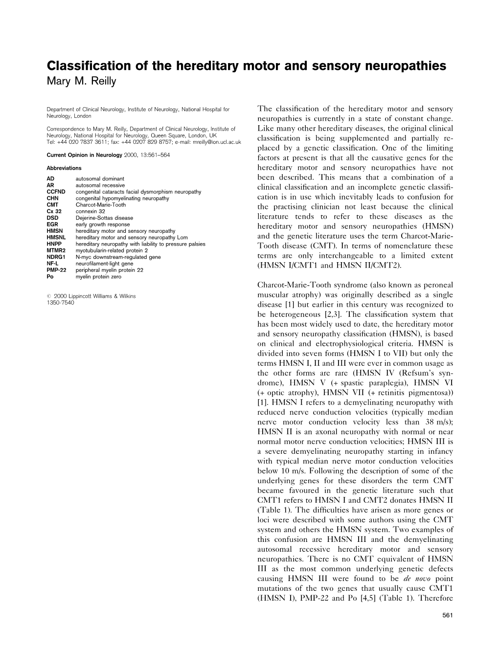 Classification of the Hereditary Motor and Sensory Neuropathies Mary M