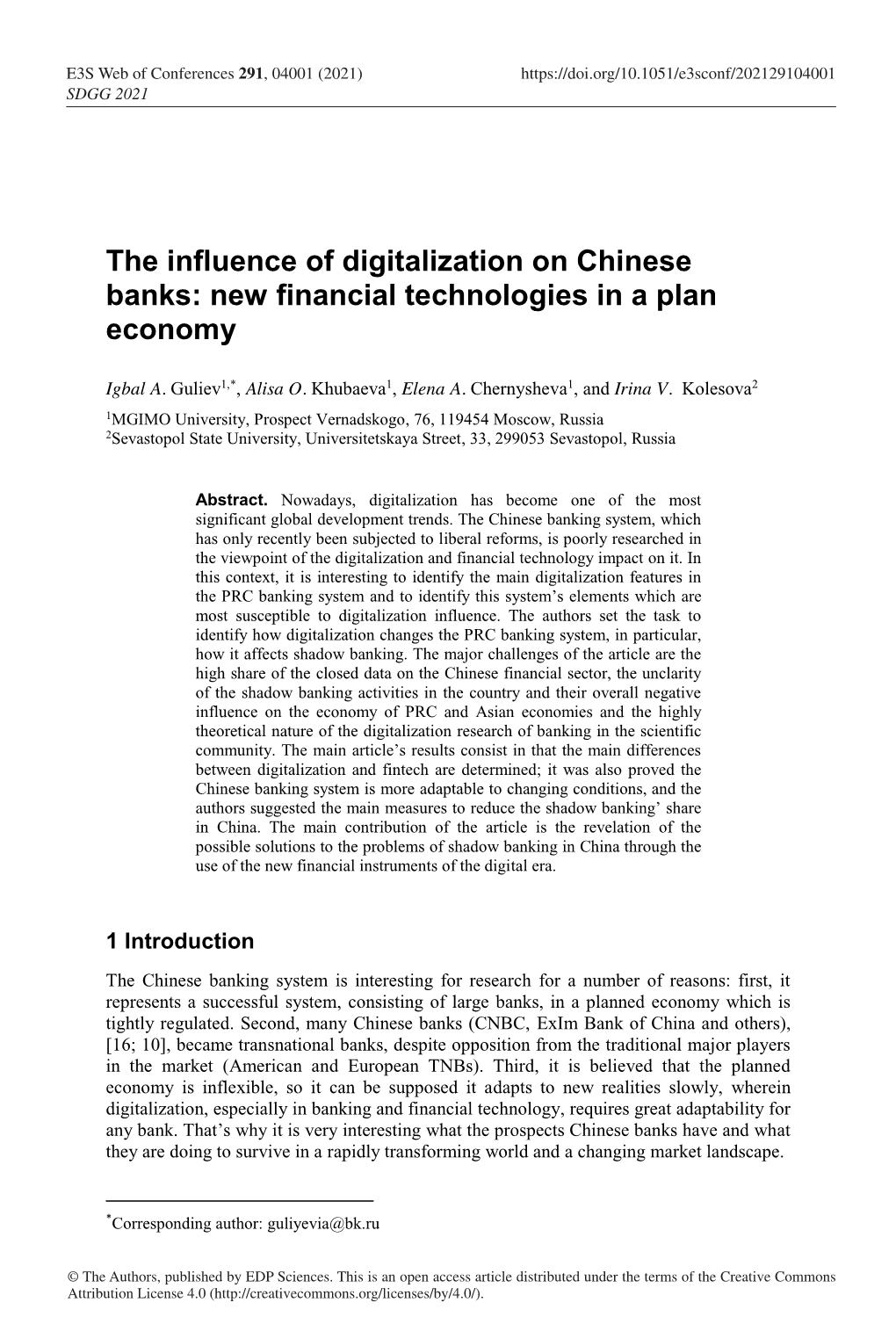 The Influence of Digitalization on Chinese Banks: New Financial Technologies in a Plan Economy