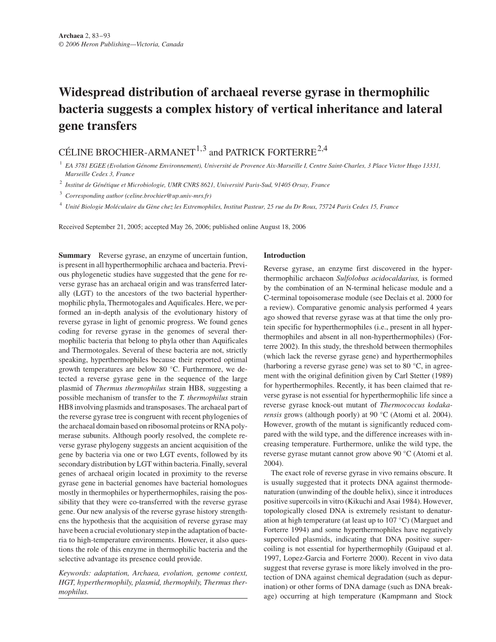 Widespread Distribution of Archaeal Reverse Gyrase in Thermophilic Bacteria Suggests a Complex History of Vertical Inheritance and Lateral Gene Transfers