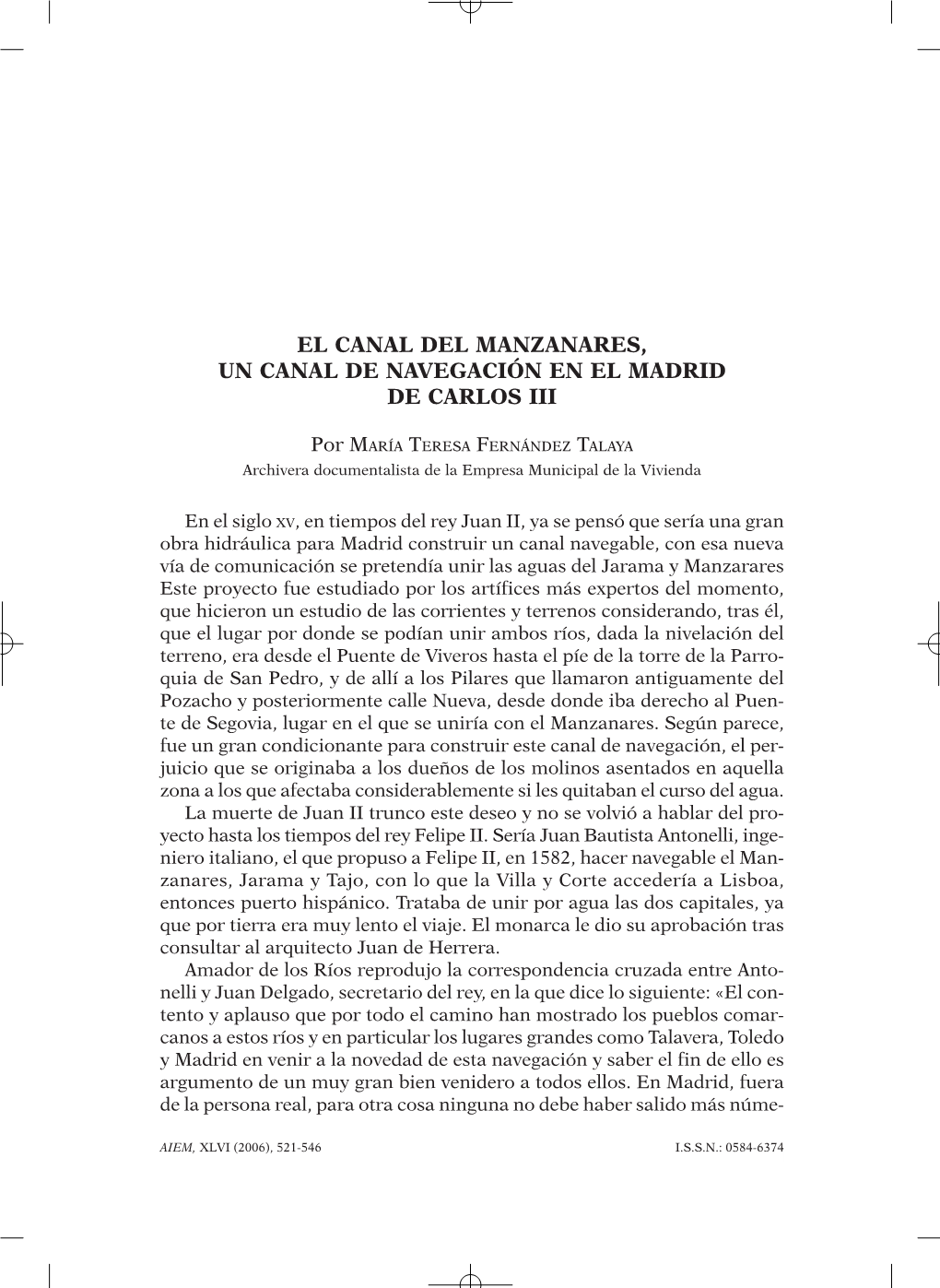 El Canal Del Manzanares, Un Canal De Navegación En El Madrid De Carlos Iii