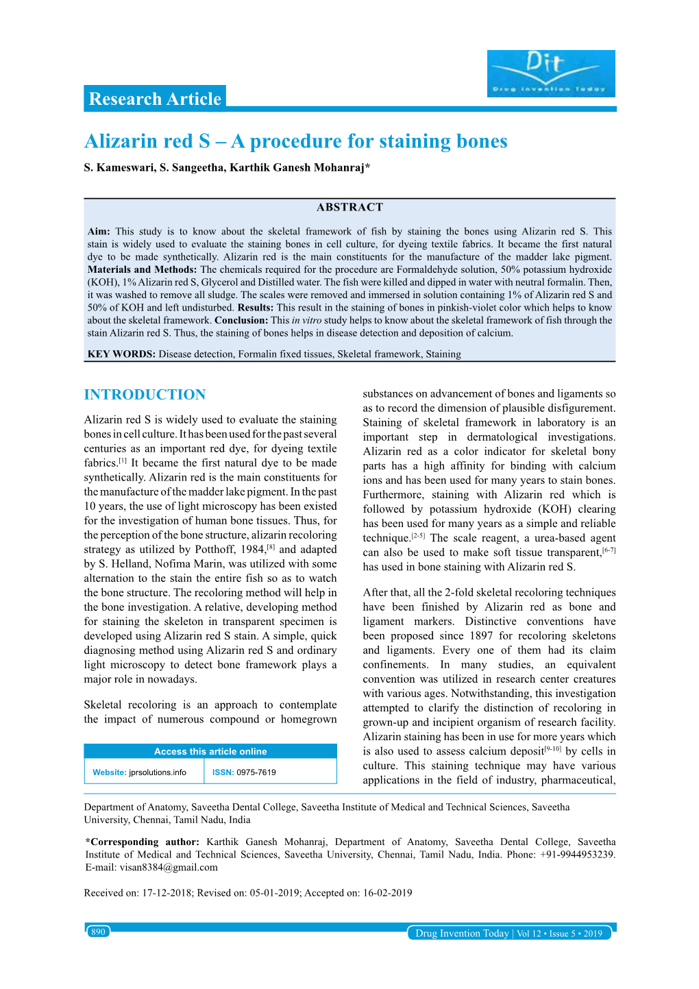 Alizarin Red S – a Procedure for Staining Bones S