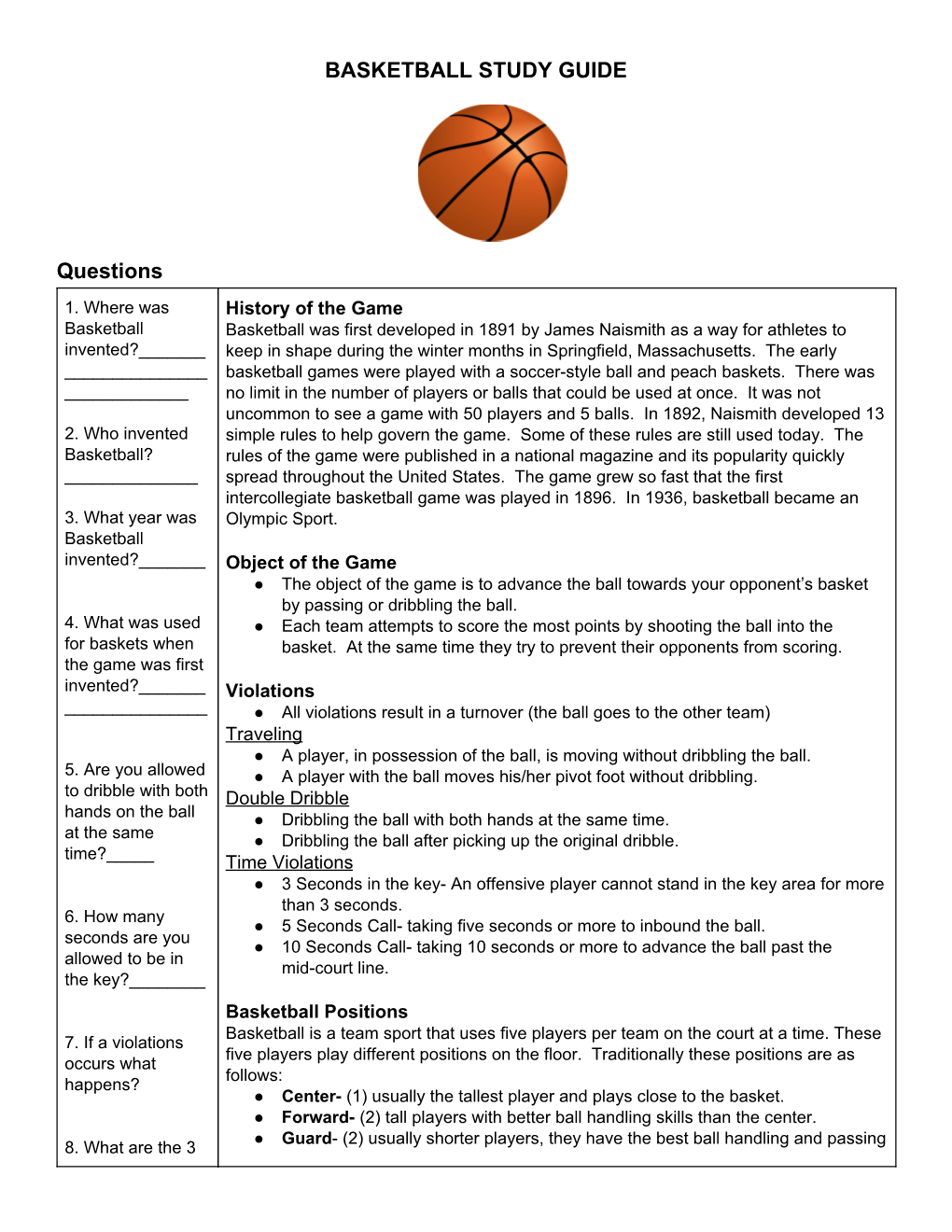 BASKETBALL STUDY GUIDE Questions