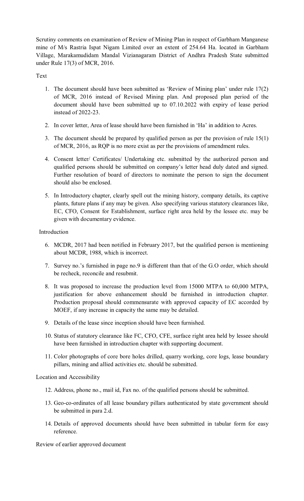 Scrutiny Comments on Examination of Review of Mining Plan in Respect of Garbham Manganese Mine of M/S Rastria Ispat Nigam Limited Over an Extent of 254.64 Ha