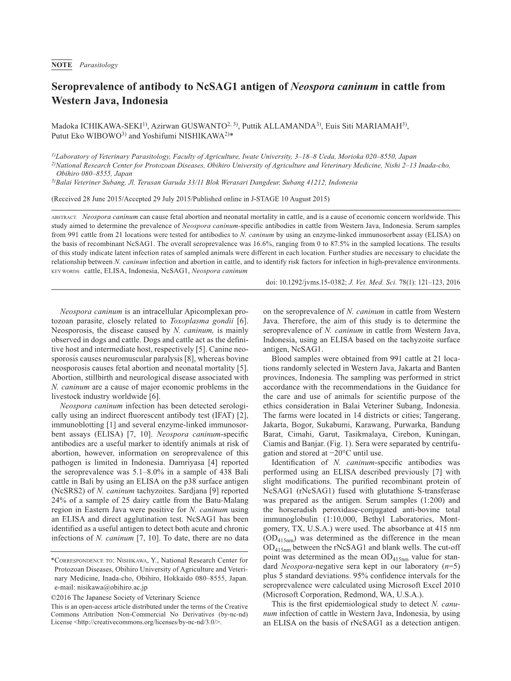 Seroprevalence of Antibody to Ncsag1 Antigen of Neospora Caninum in Cattle from Western Java, Indonesia