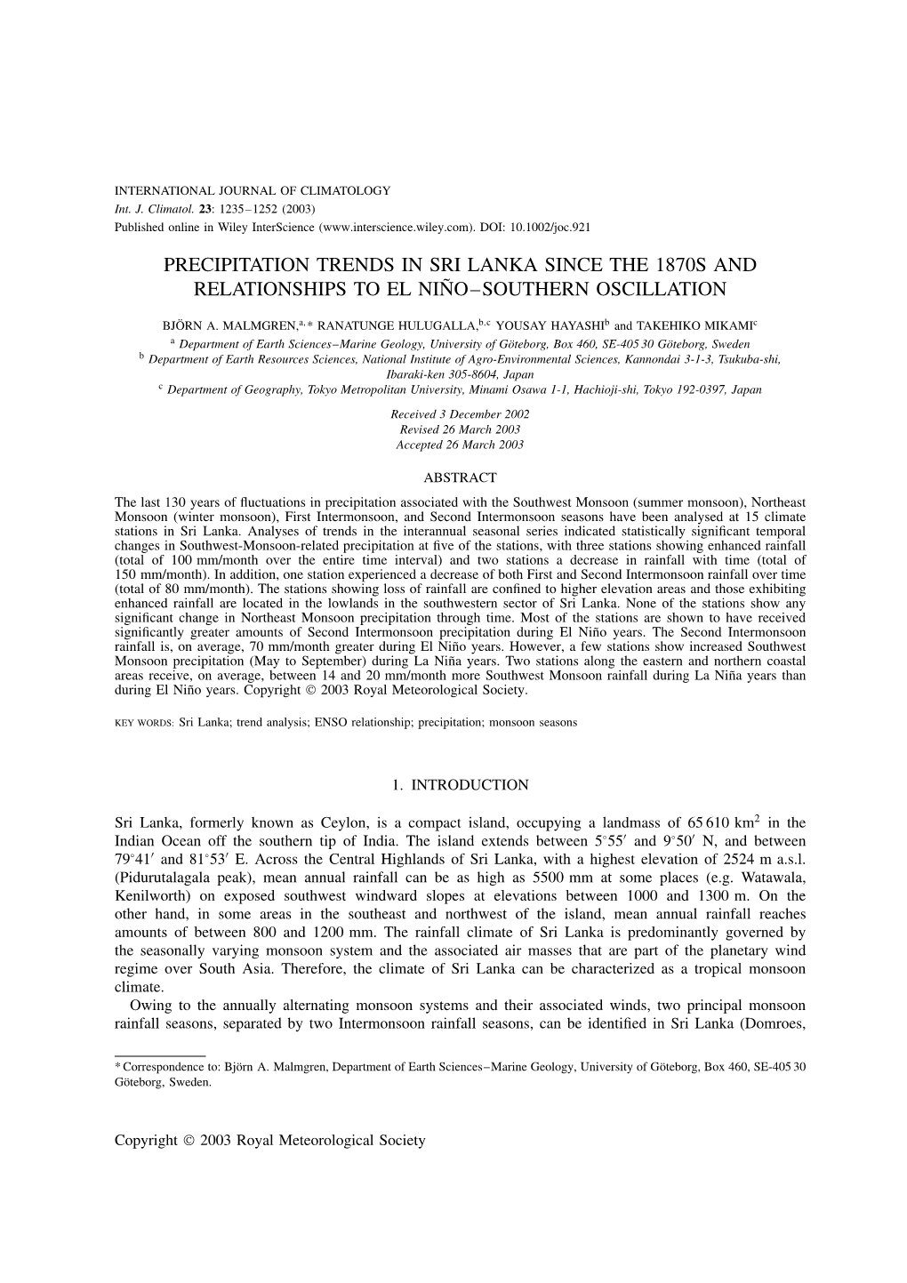 Precipitation Trends in Sri Lanka Since the 1870S and Relationships to El Nino–Southern˜ Oscillation