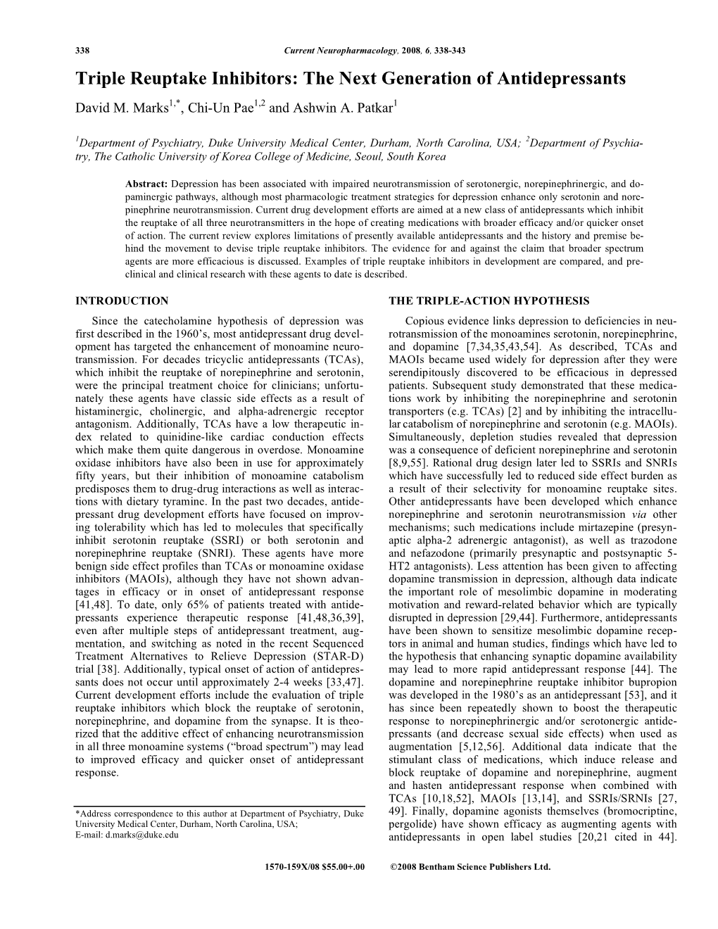 Triple Reuptake Inhibitors: the Next Generation of Antidepressants