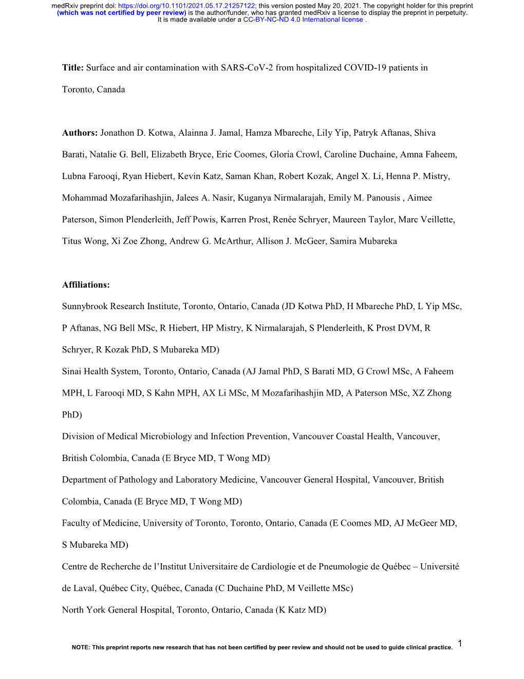 Surface and Air Contamination with SARS-Cov-2 from Hospitalized COVID-19 Patients In