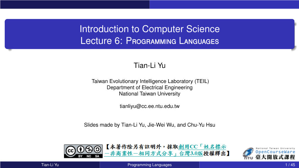 Introduction to Computer Science Lecture 6: Programming Languages