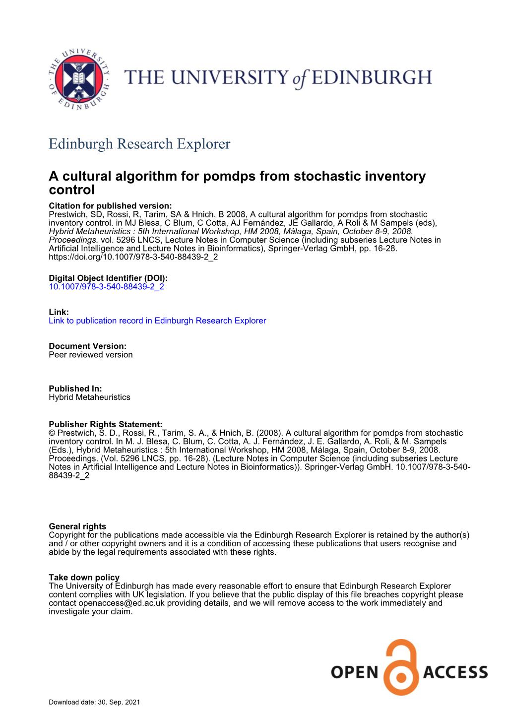 A Cultural Algorithm for Pomdps from Stochastic Inventory Control