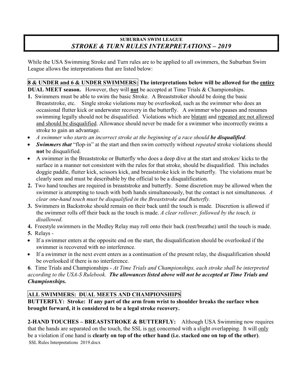 Suburban Swim League Stroke & Turn Rules Interpretations – 2019