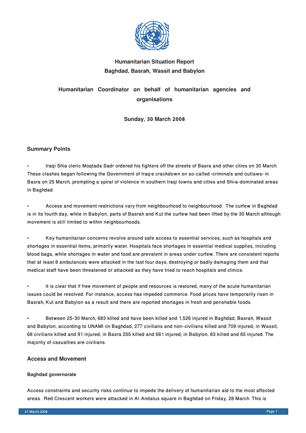 Summary Points Access and Movement Humanitarian Situation