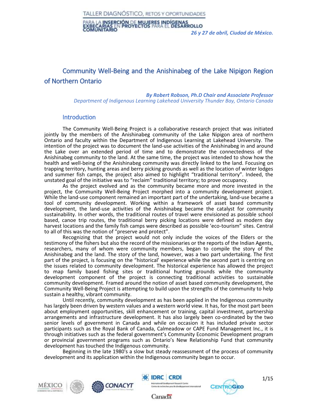 Community Well-Being and the Anishinabeg of the Lake Nipigon Region of Northern Ontario