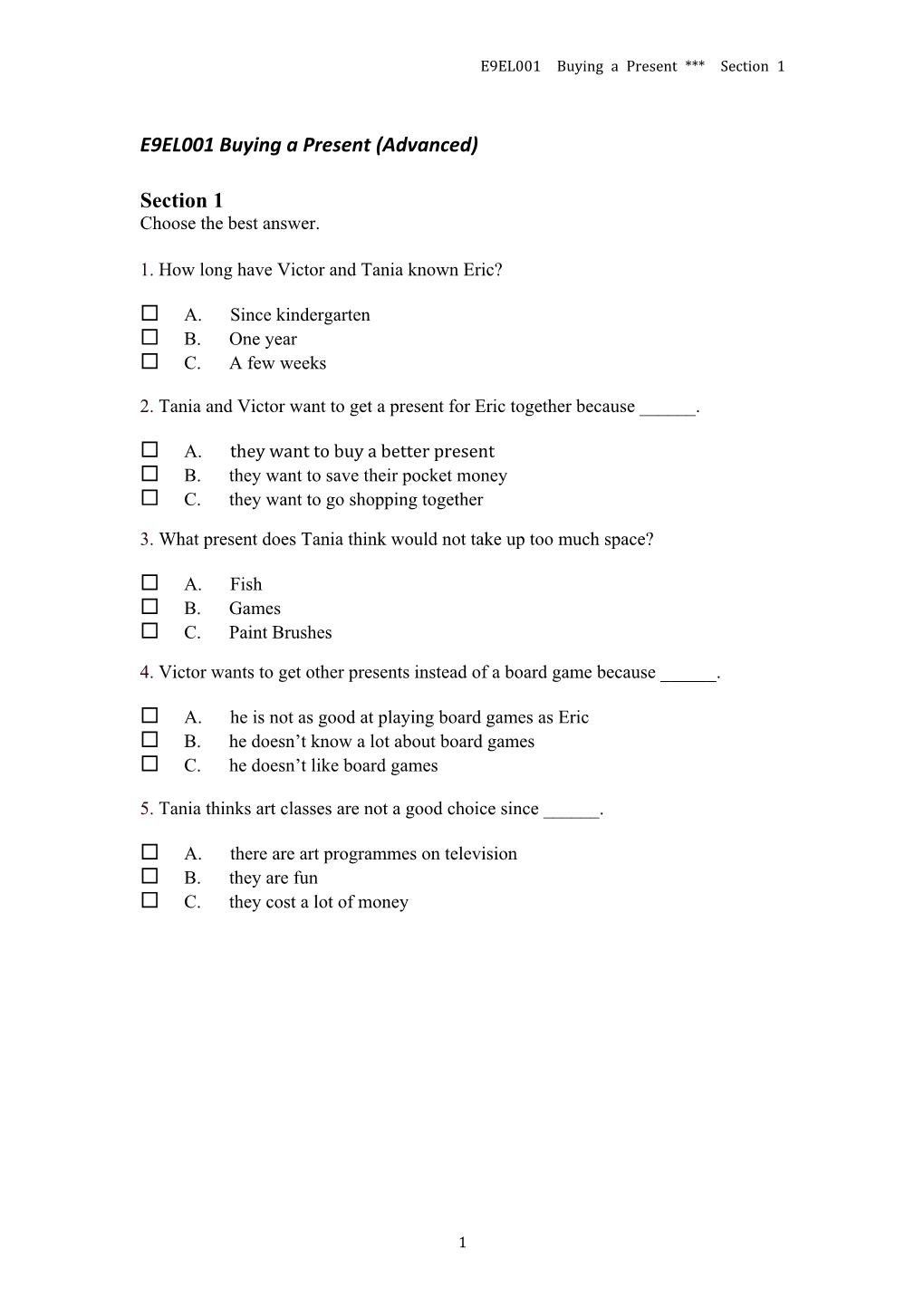 E9EL001 Buying a Present (Advanced) Section 1