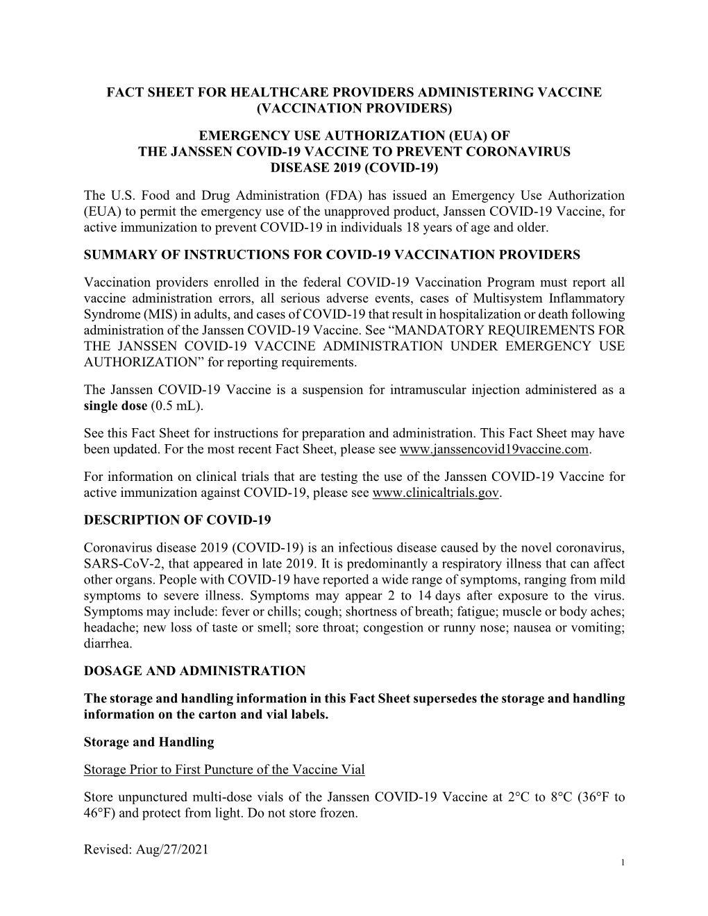 JANSSEN COVID-19 VACCINE to PREVENT CORONAVIRUS DISEASE 2019 (COVID-19) the U.S