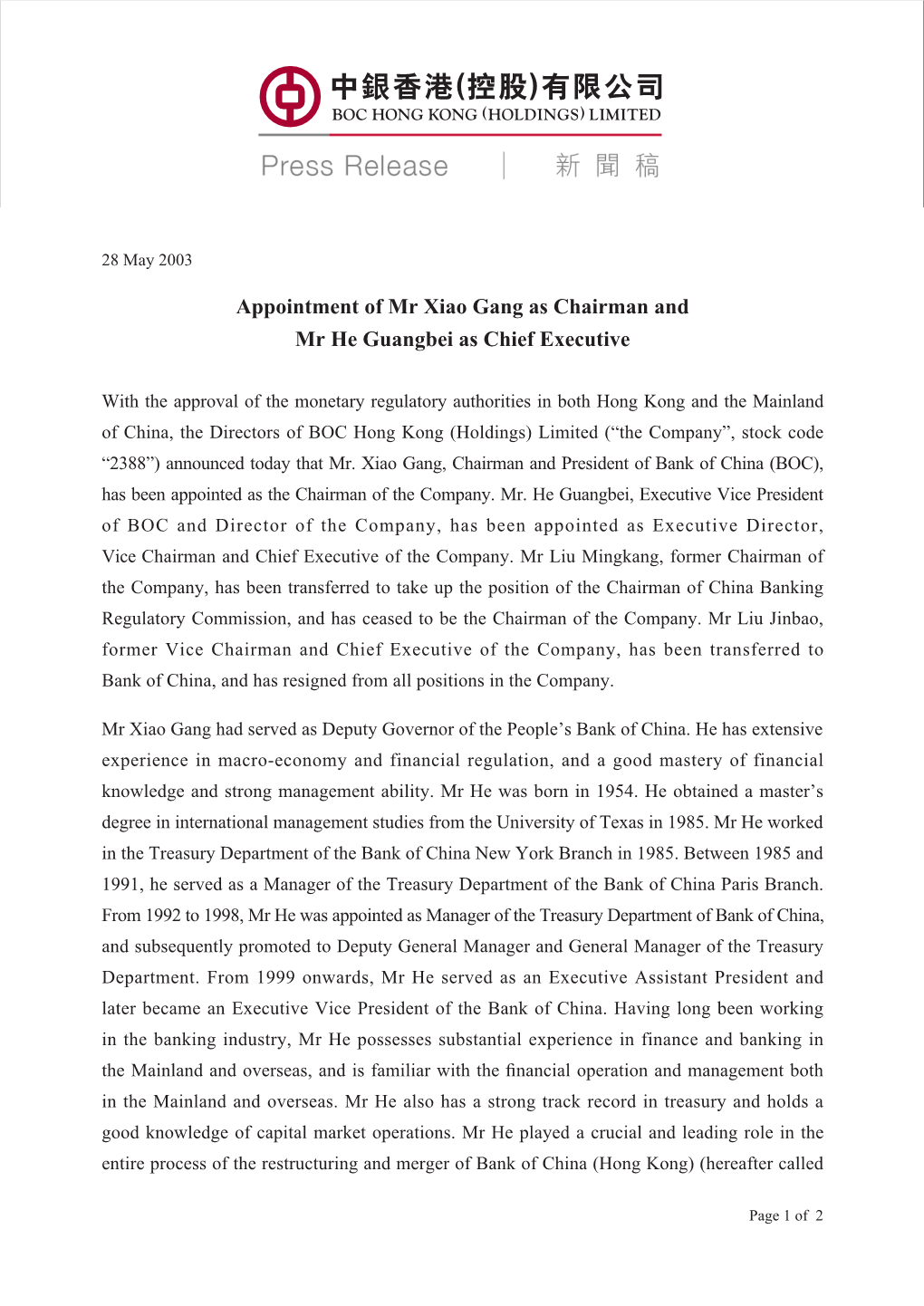 Appointment of Mr Xiao Gang As Chairman and Mr He Guangbei As Chief Executive