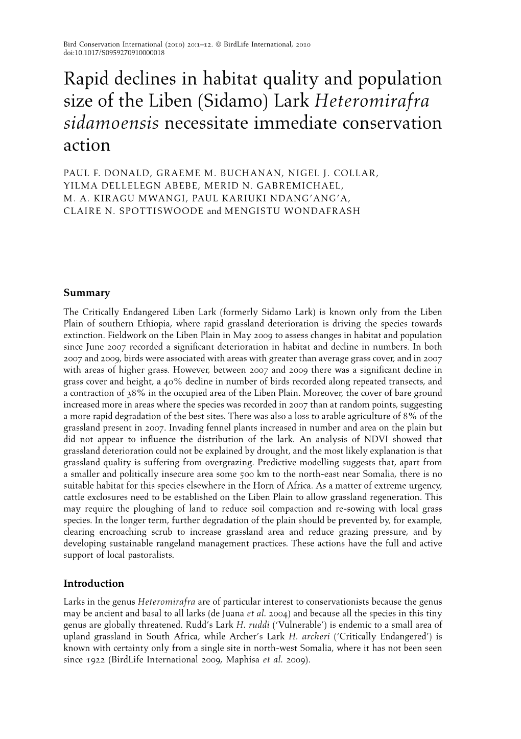 Rapid Declines in Habitat Quality and Population Size of the Liben (Sidamo) Lark Heteromirafra Sidamoensis Necessitate Immediate Conservation Action