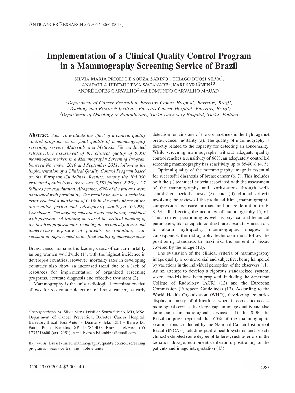 Implementation of a Clinical Quality Control Program in a Mammography Screening Service of Brazil