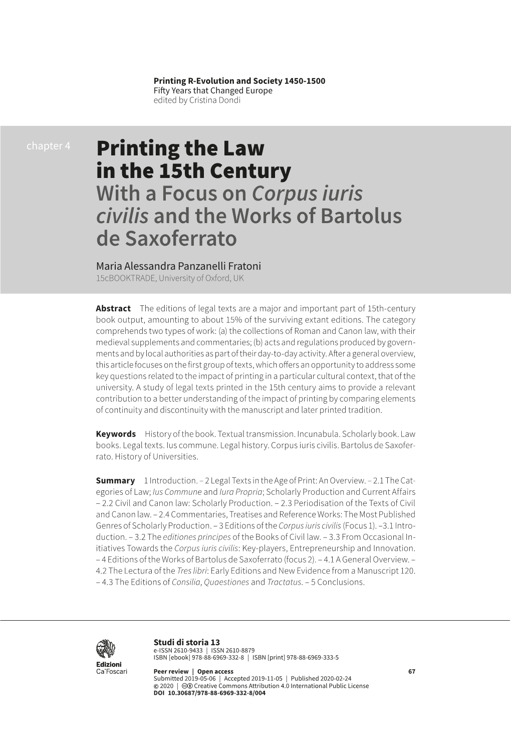 Printing the Law in the 15Th Century with a Focus on Corpus Iuris Civilis