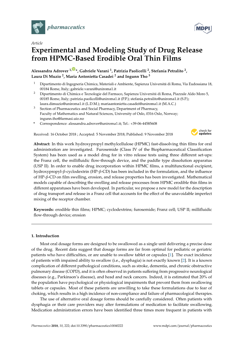 Experimental and Modeling Study of Drug Release from HPMC-Based Erodible Oral Thin Films