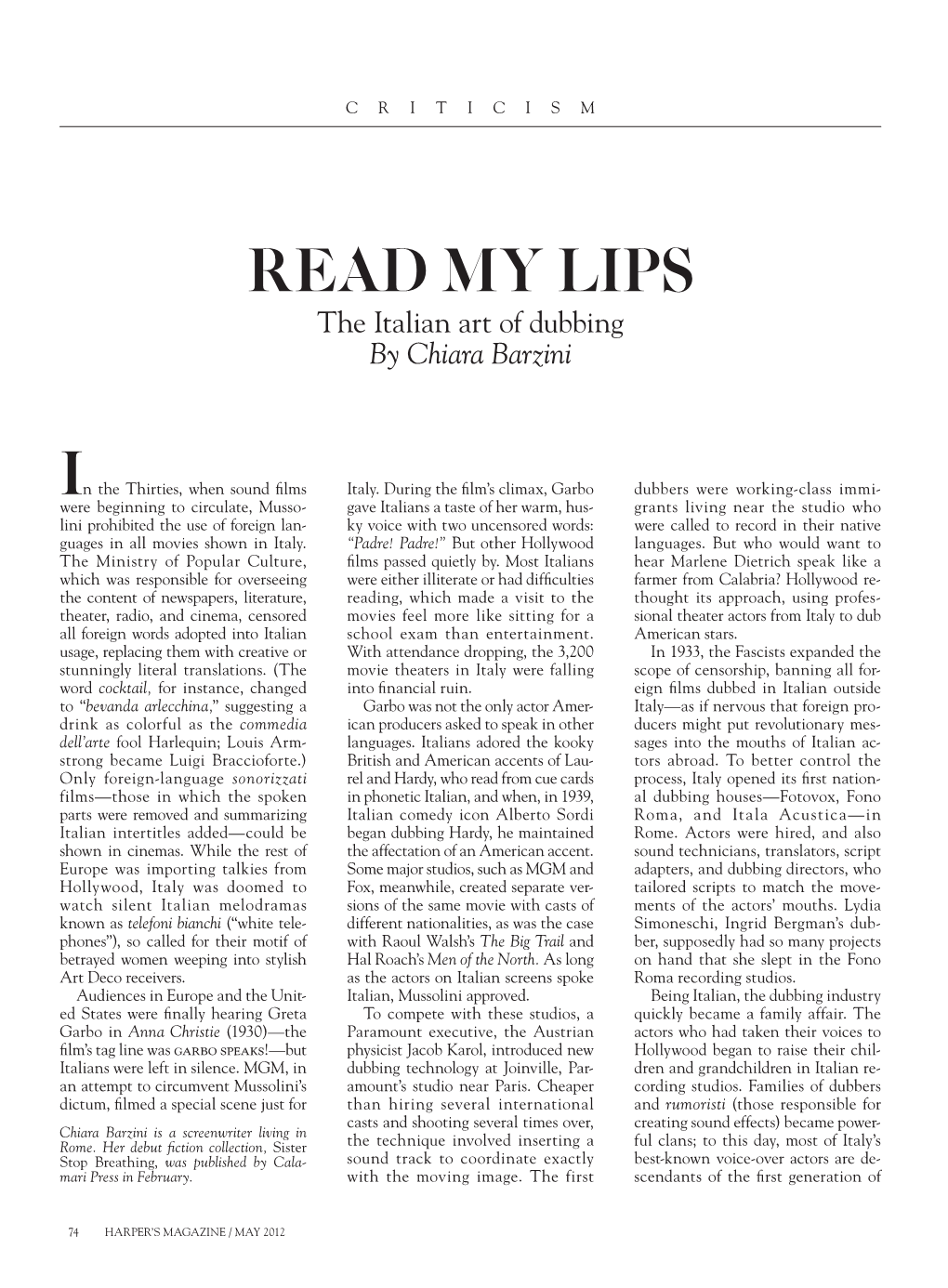 Read My Lips the Italian Art of Dubbing by Chiara Barzini