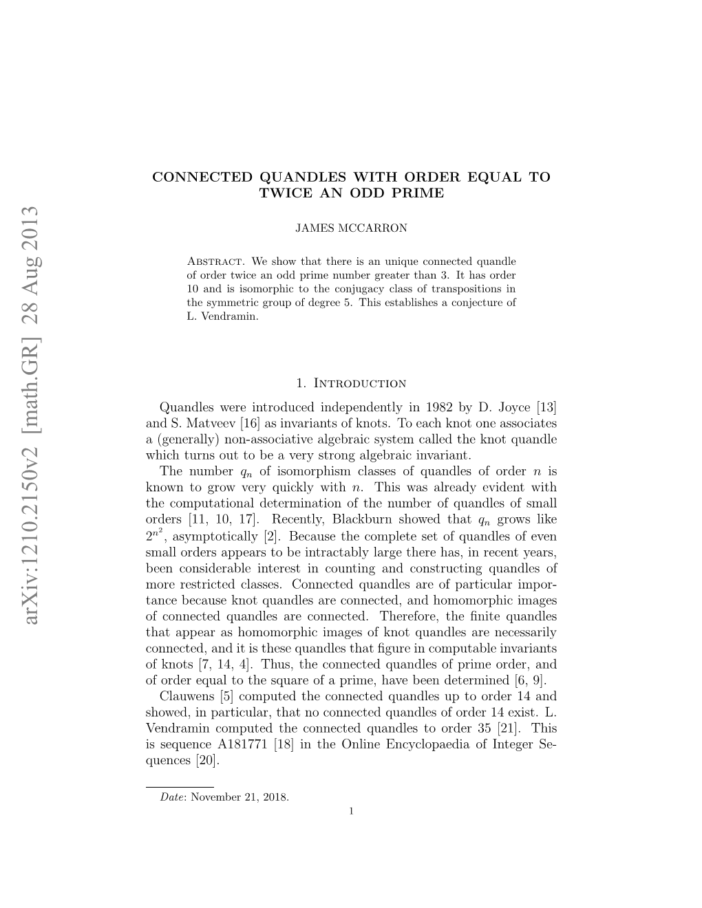 Connected Quandles with Order Equal to Twice an Odd Prime