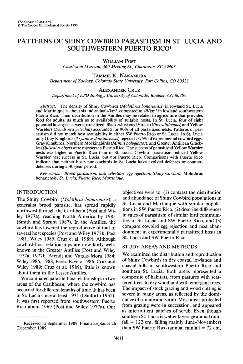 Patterns of Shiny Cowbird Parasitism in St. Lucia and Southwestern Puerto Rico ’