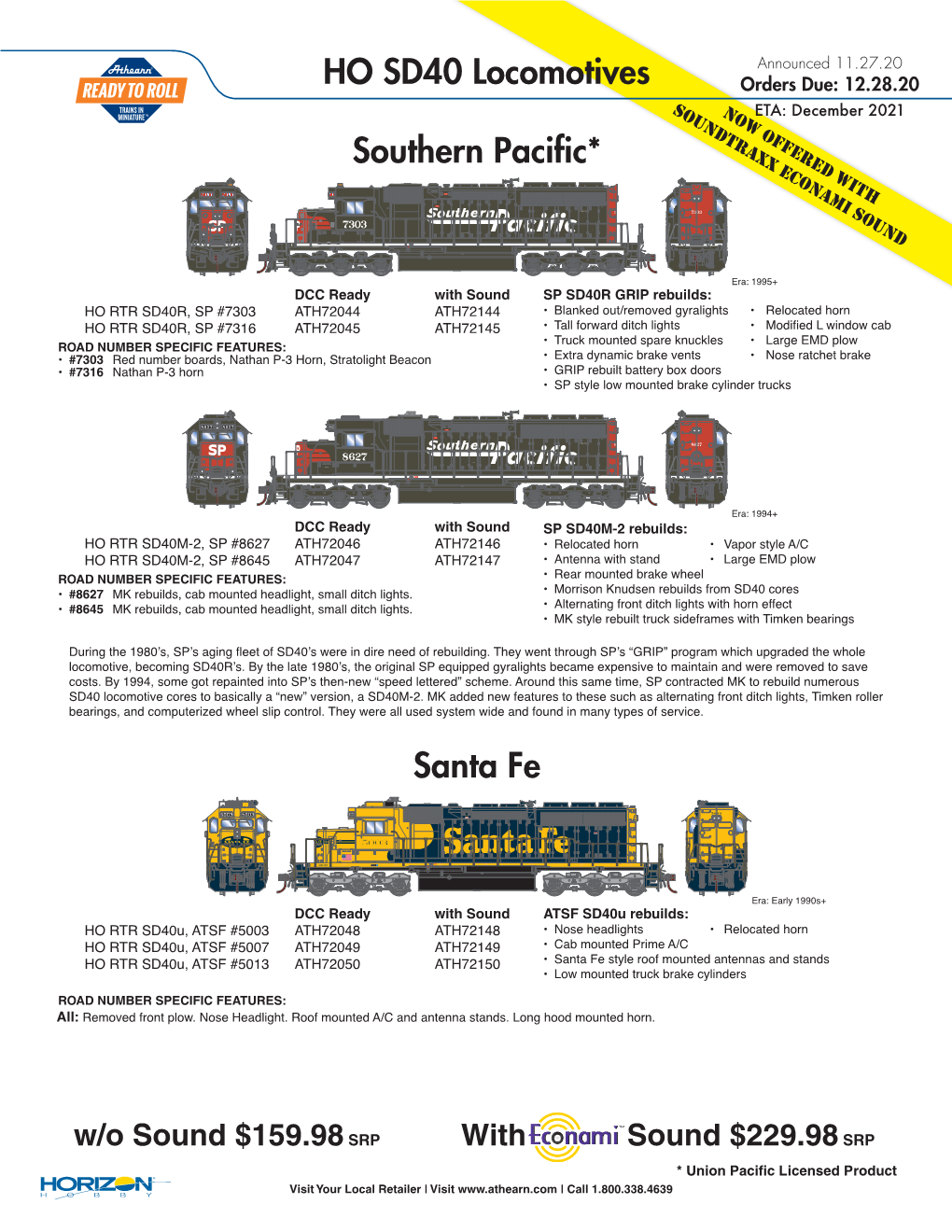 HO SD40 Locomotives Southern Pacific* Santa Fe