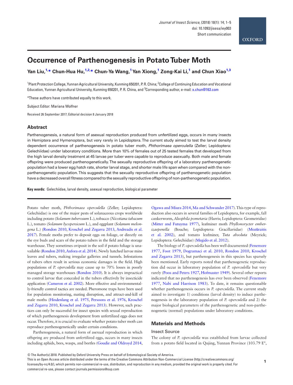 Occurrence of Parthenogenesis in Potato Tuber Moth