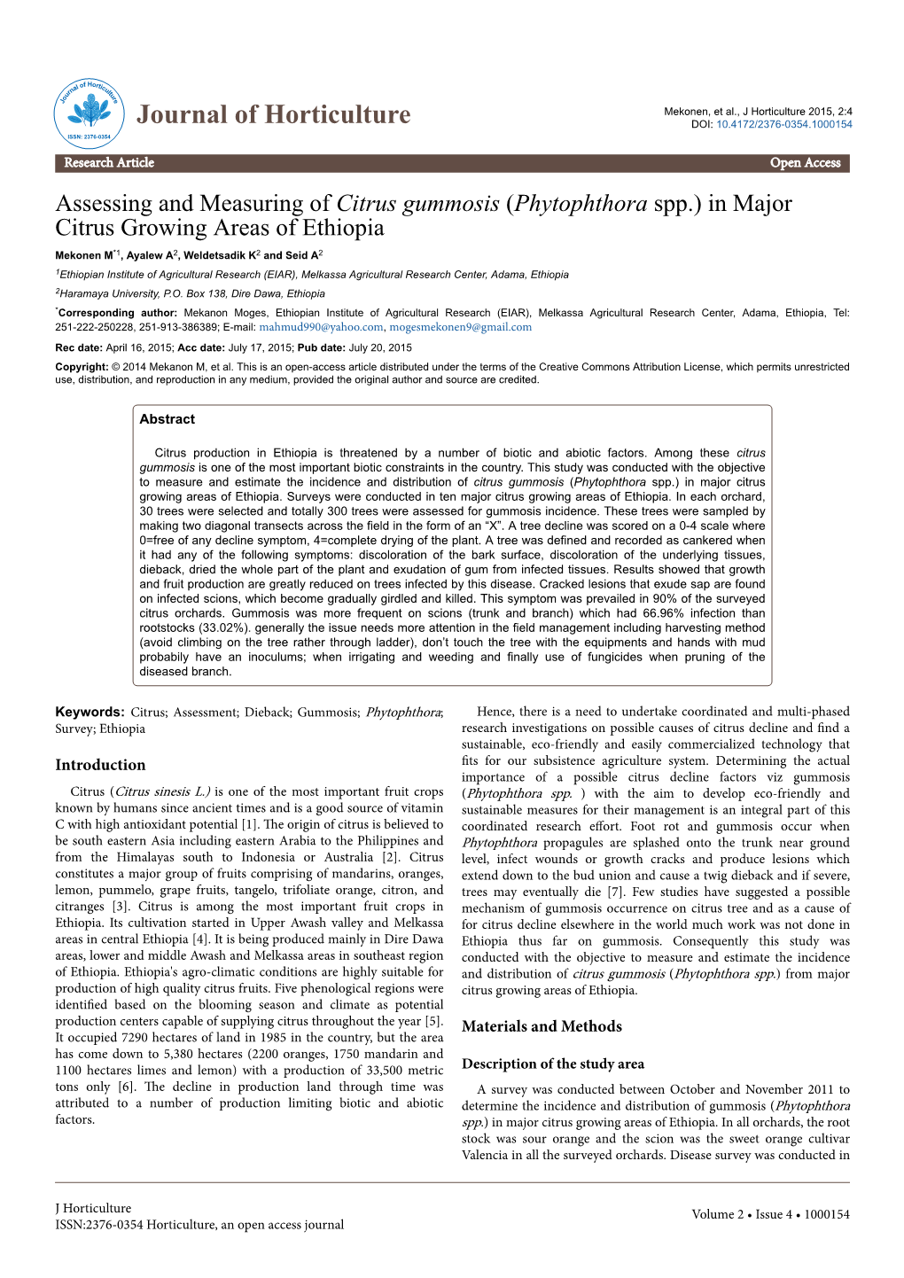 (Phytophthora Spp.) in Major Citrus Growing Areas of Ethiopia