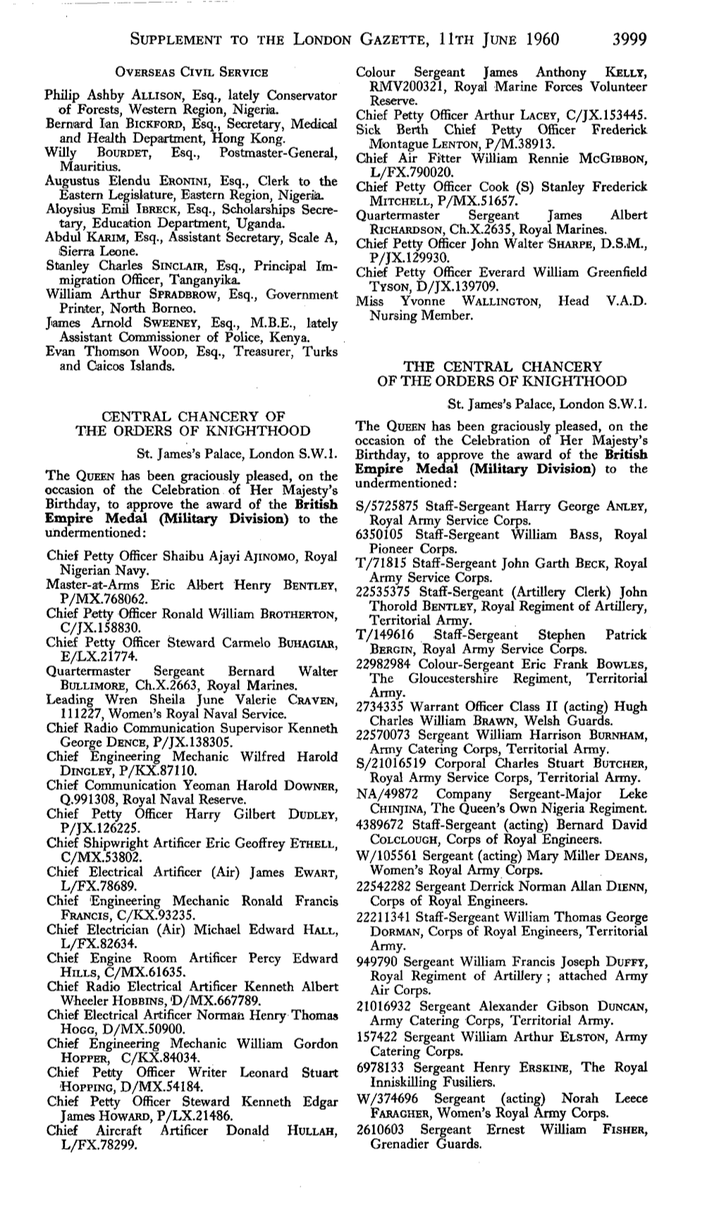 Supplement to the London Gazette, Hth June 1960 3999