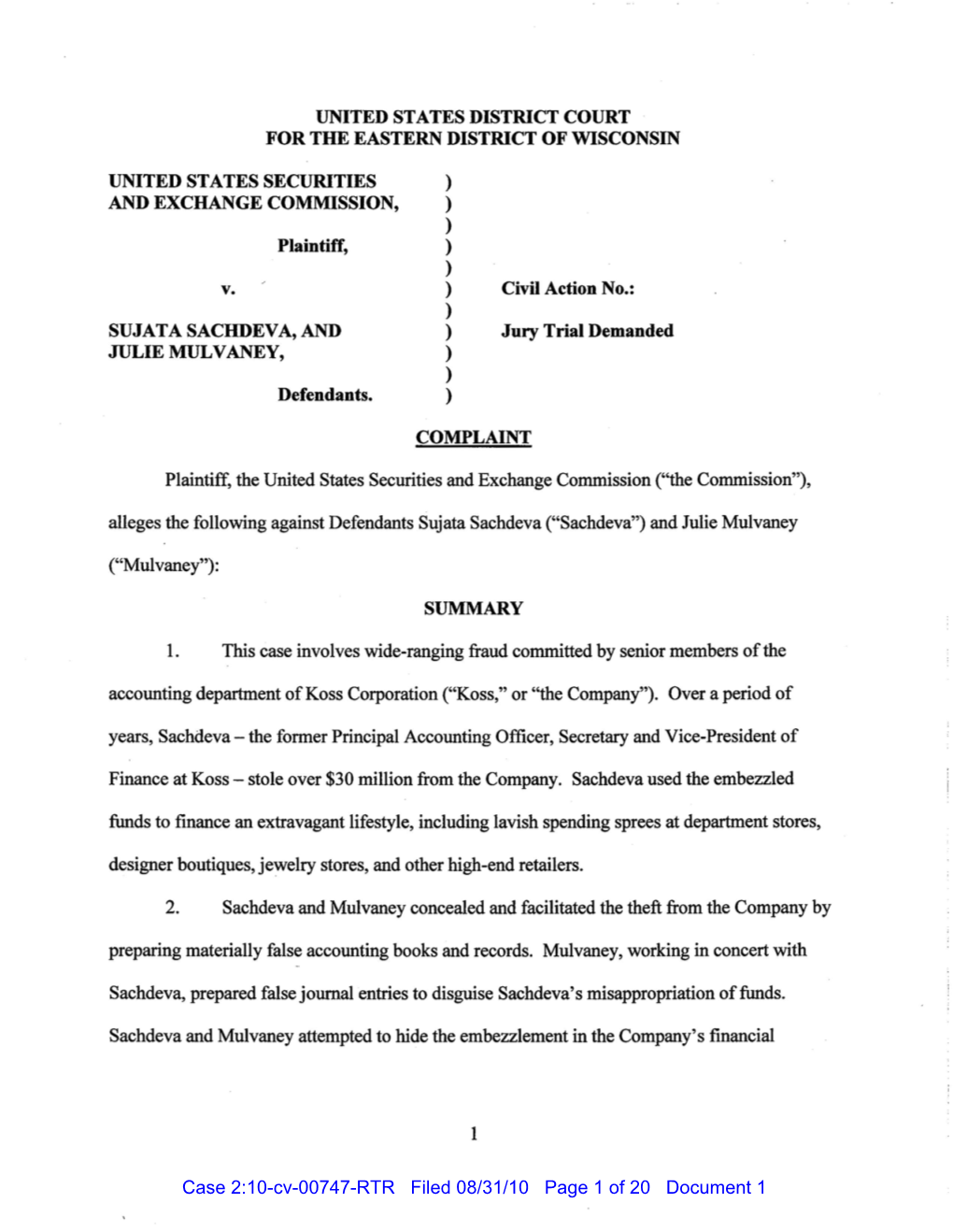 SEC Complaint: Sujata Sachdeva, and Julie Mulvaney