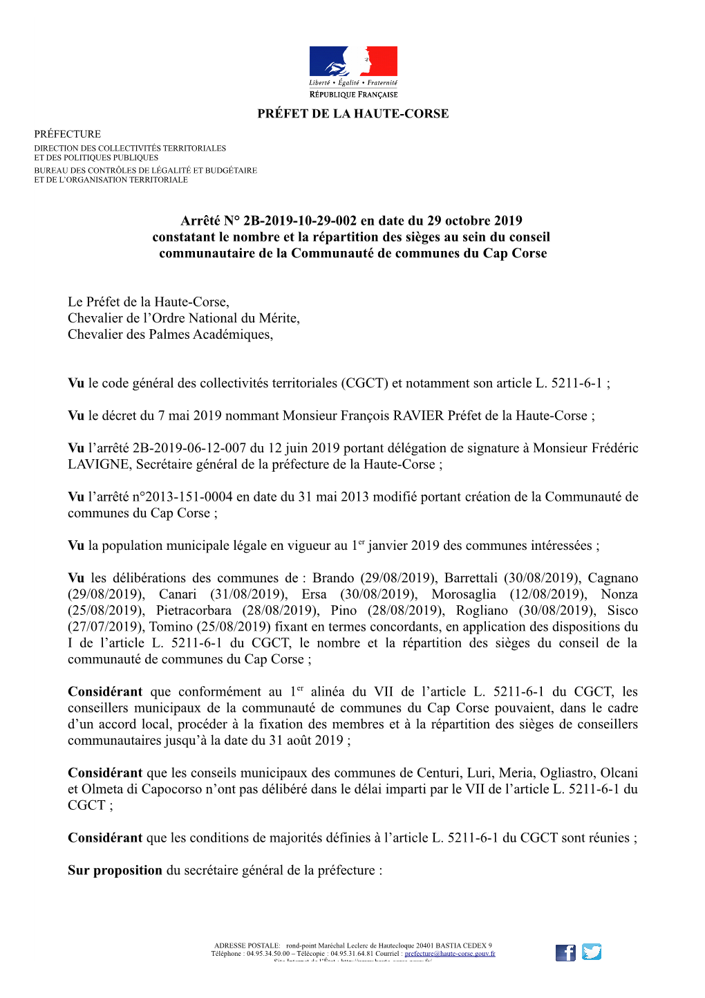 Arrêté N° 2B-2019-10-29-002 En Date Du 29 Octobre 2019 Constatant Le Nombre Et La Répartition Des Sièges Au Sein Du Conseil